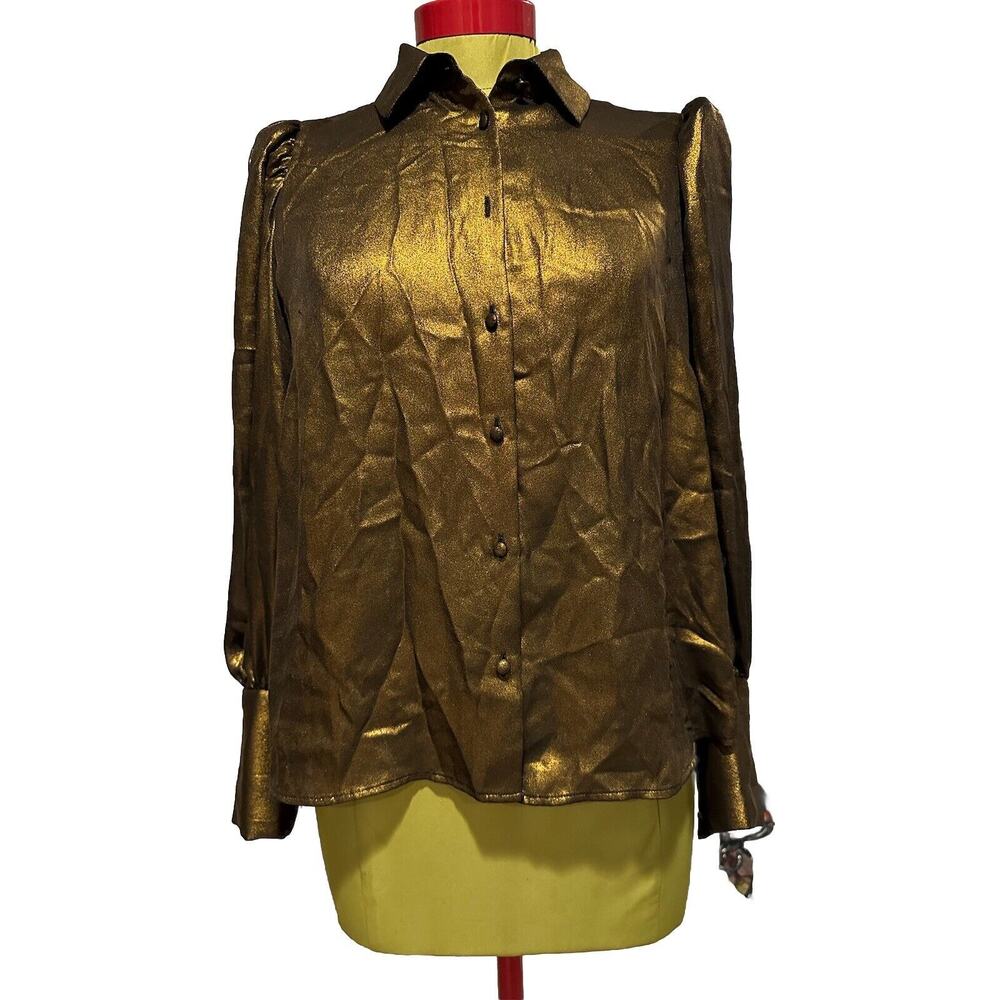 Frame Women's Long Sleeve Button Up Blouse Metallic Gold Size S Small *READ*
